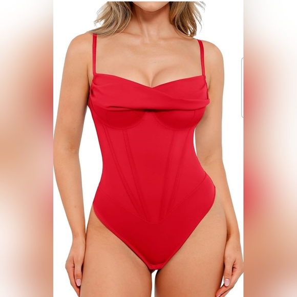 Popilush Women's Red Corset Cowl Neck Shapewear Tummy Control Bodysuit Size XXL - Picture 1 of 11
